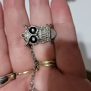 Owl necklace, silvertone black clear rhinestone eyes sitting onbranch